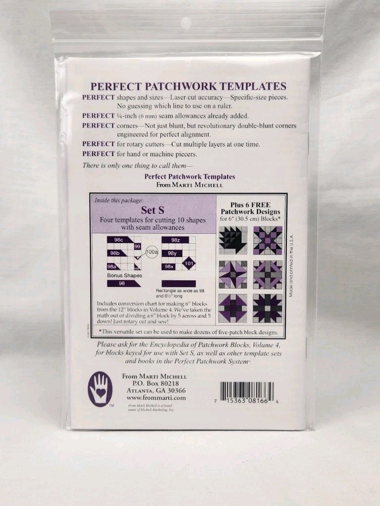Marti Michell Perfect Patchwork Templates Set S The 6" Five-Patch Block Set 8166