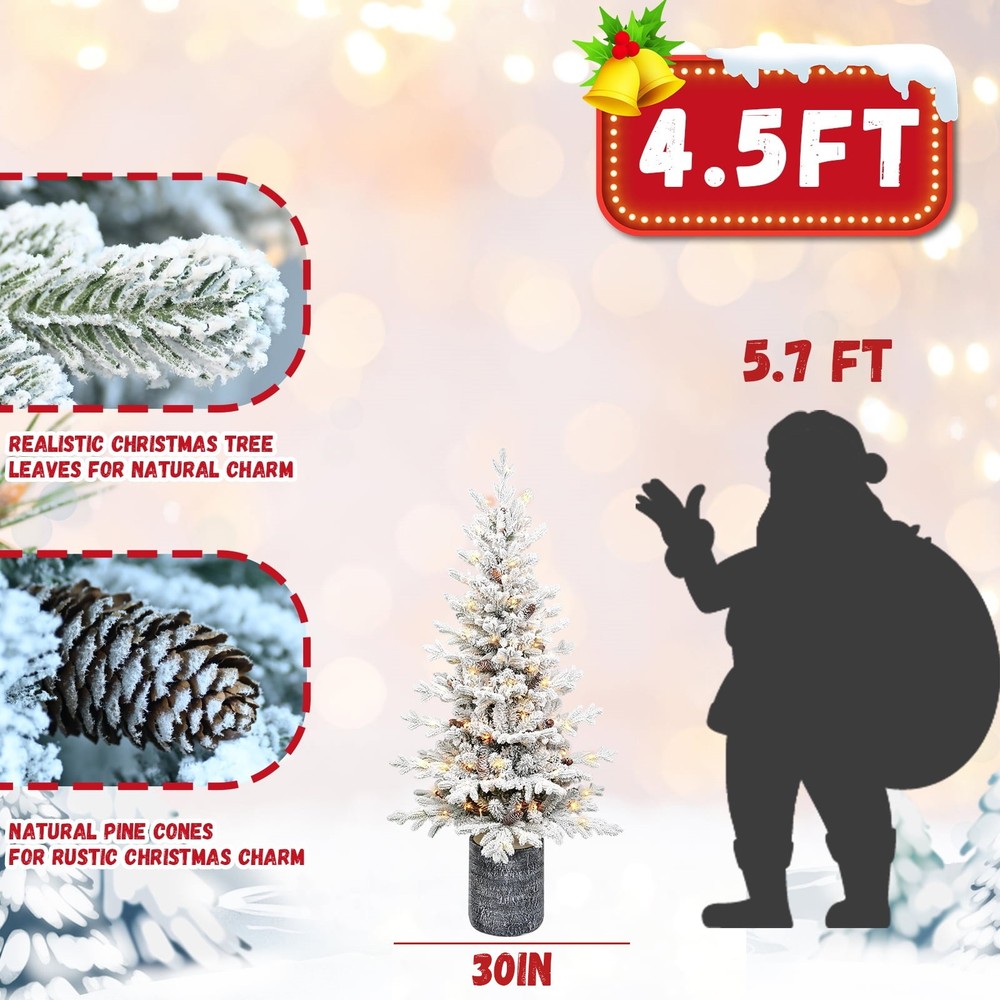 4.5Ft Pre-lit Potted Christmas Tree Snow Flocked Small Artificial Tree&150 light