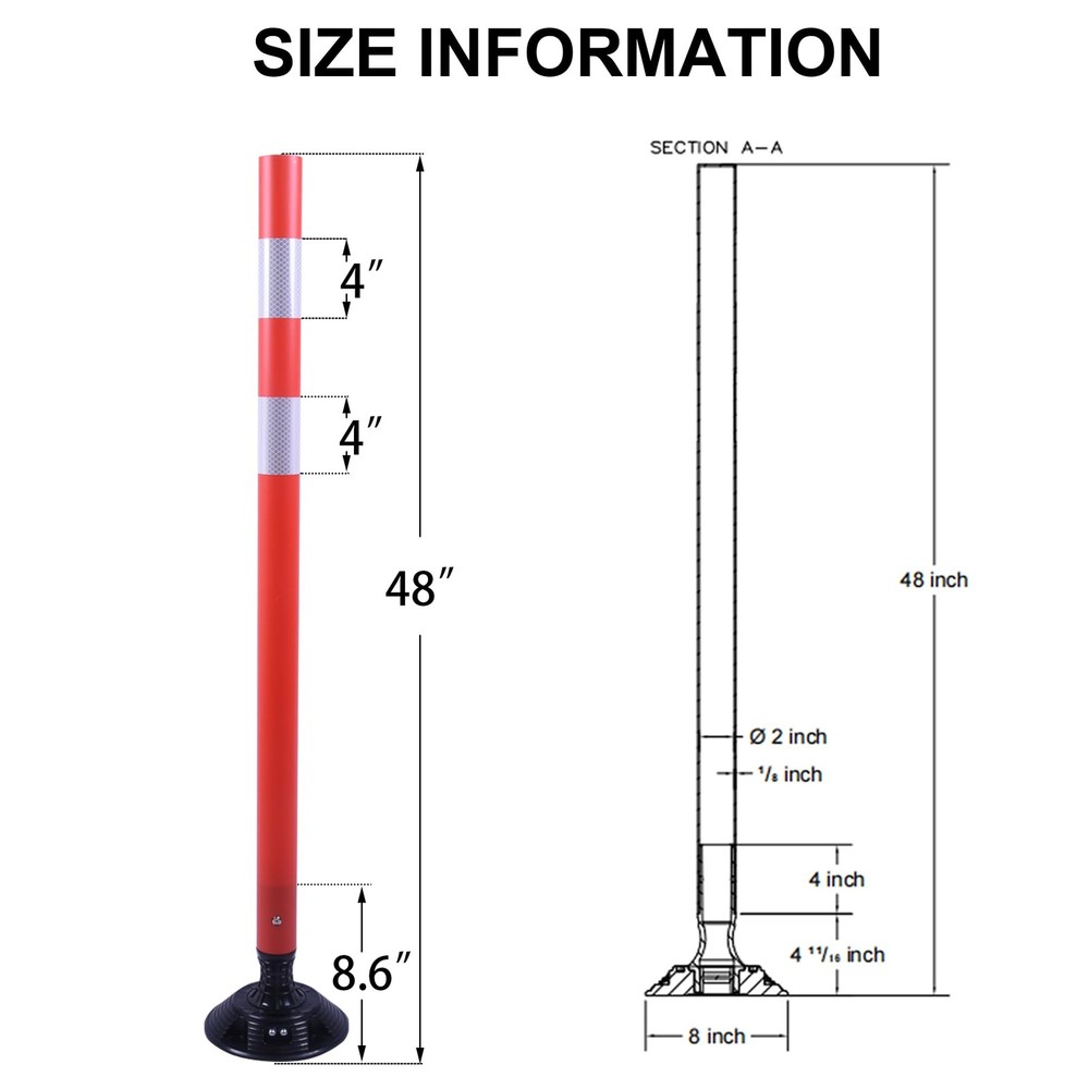 8 Pack 48 Inch Red Delineator Post Traffic Cones with Fixable Base