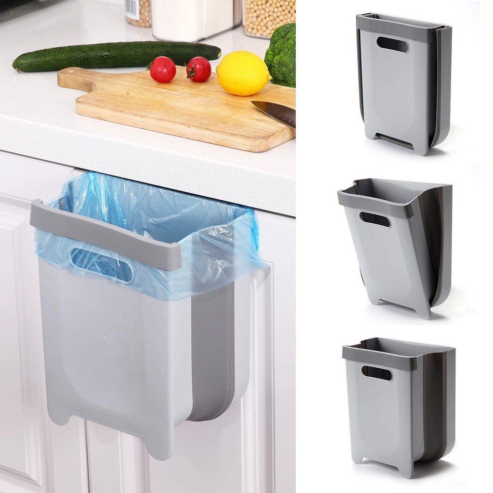 Hanging Collapsible Trash Can - 9L Wall Mounted Foldable Waste Bin for Gray