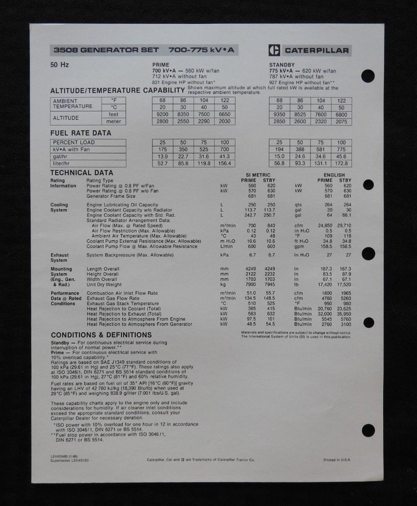 1985 CATERPILLAR "3508 DIESEL ENGINE GENERATOR SET" SPECIFICATIONS BROCHURE NICE