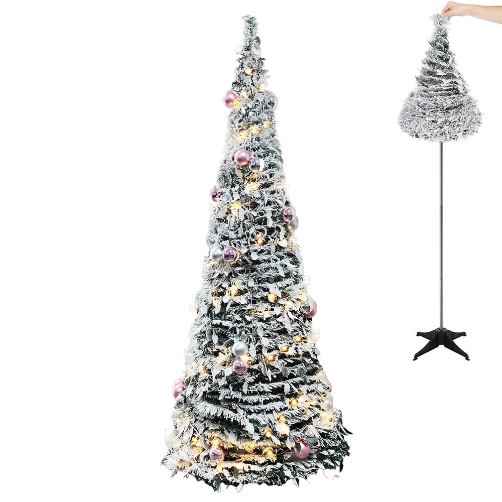 6FT Pre-Lit Flocked Fully Decorated Pull Up Christmas Tree Collapsible Xmas Tree