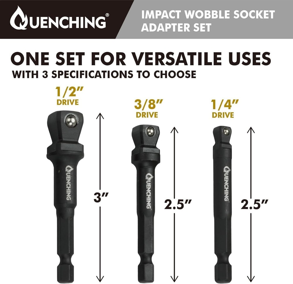 3-Pcs 3 Inch Impact Wobble 3-Pcs, 3" Extension Socket set, Black