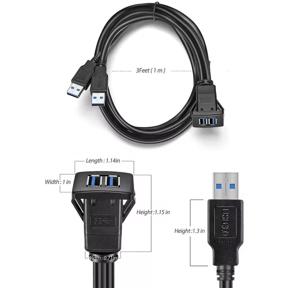 Dual Port Square USB 3.0 Panel Flush Dash Mount Extension Cable Buckle Car 1m