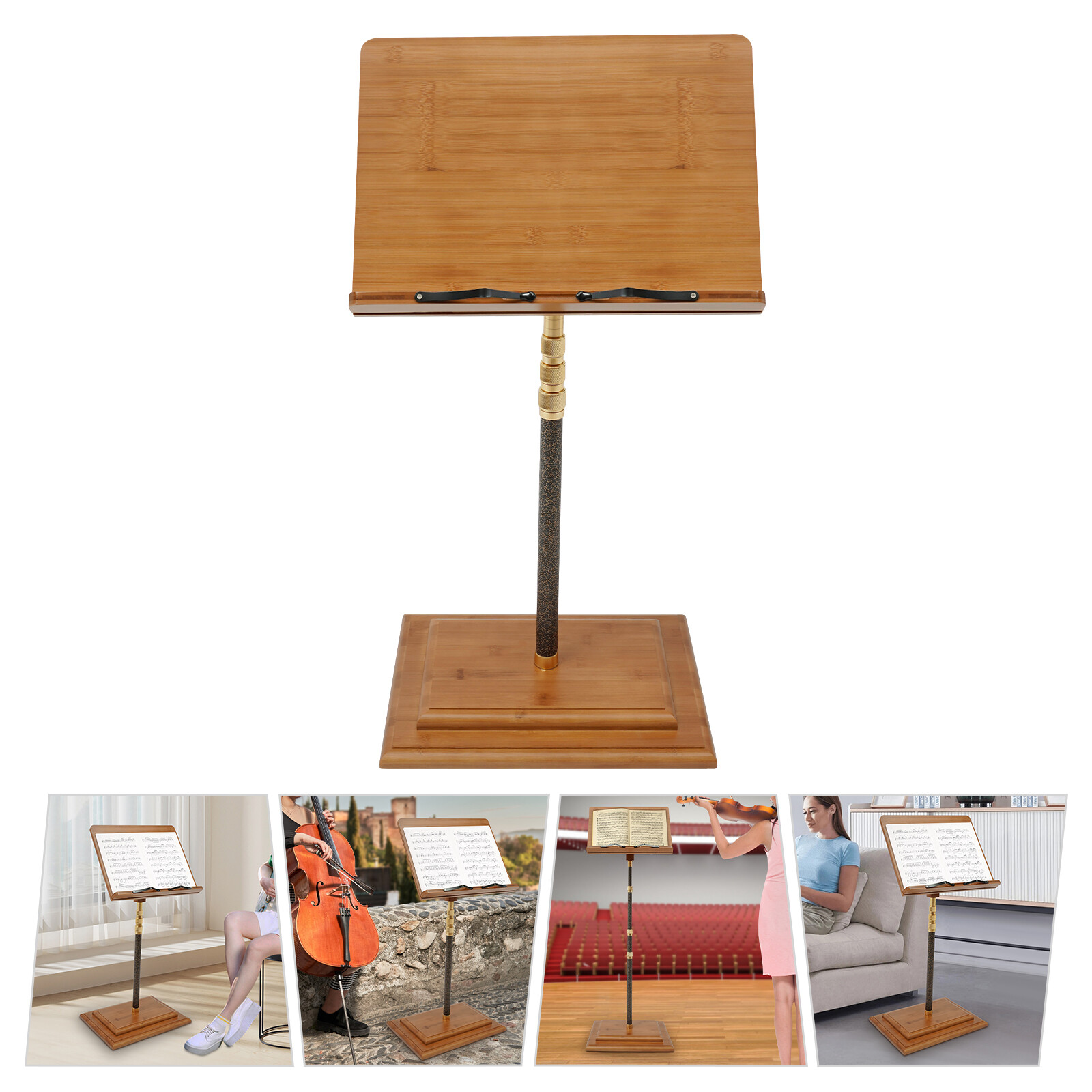 Musician's Bamboo Music Stand for Sheet Music Portable & Height-Adjustable Shelf