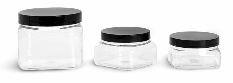 3 Plastic Jars, Clear PET Square Jars w/ Black Smooth PS22 Plastic 4 oz