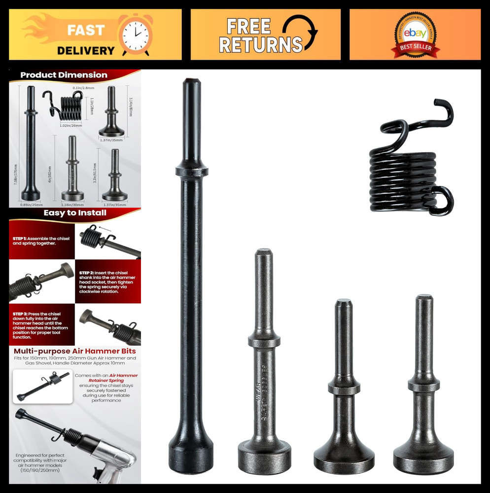 5PCS Pneumatic Air Hammer Bits Set, 0.401" Shank Chisel Attachments, Durable Too