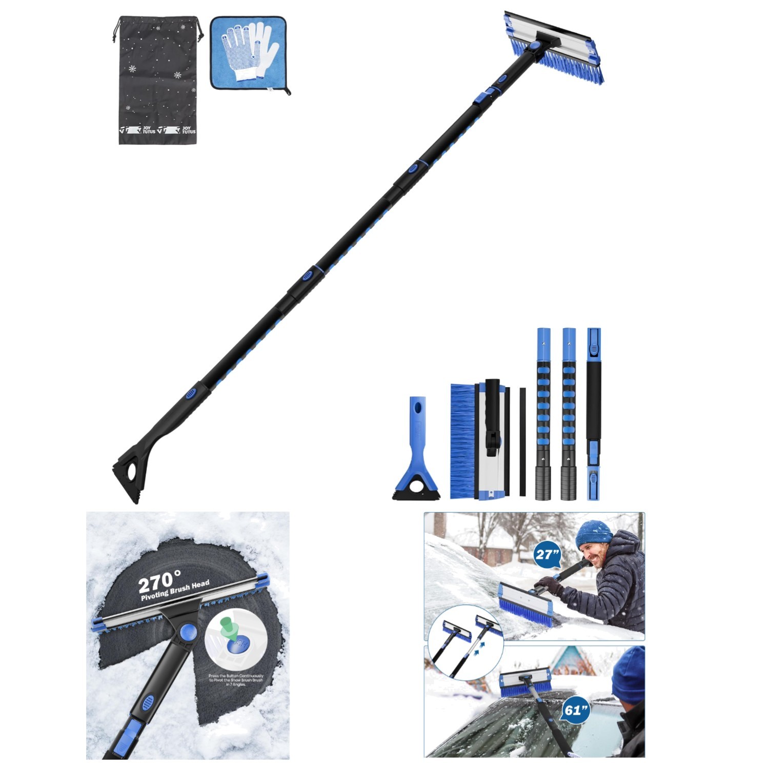 Multifunctional Car Snow Brush & Ice Scraper - 61.3″ Extendable with Helpers