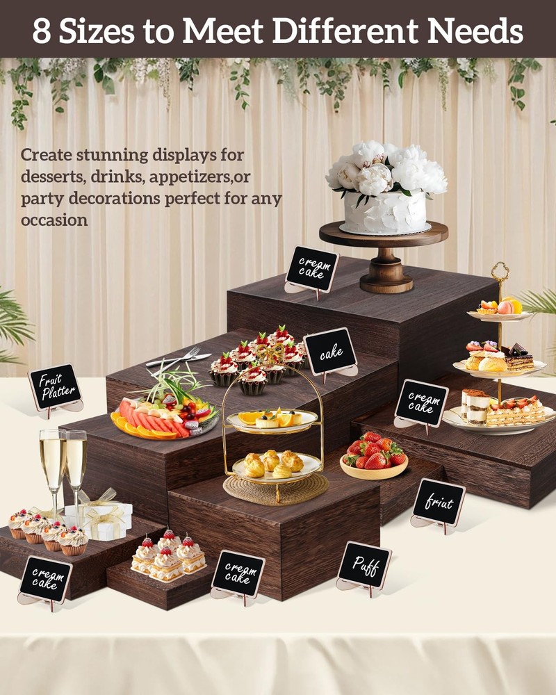 8 Size Nested Buffet Risers with Mini Signs, 8PCS Rustic Wooden Cake & Desser...