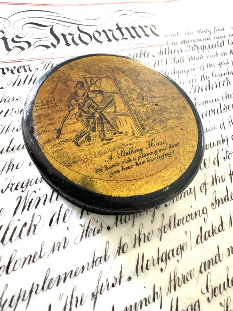 Antique Paper Mache Snuff Box Unique Scene 3”