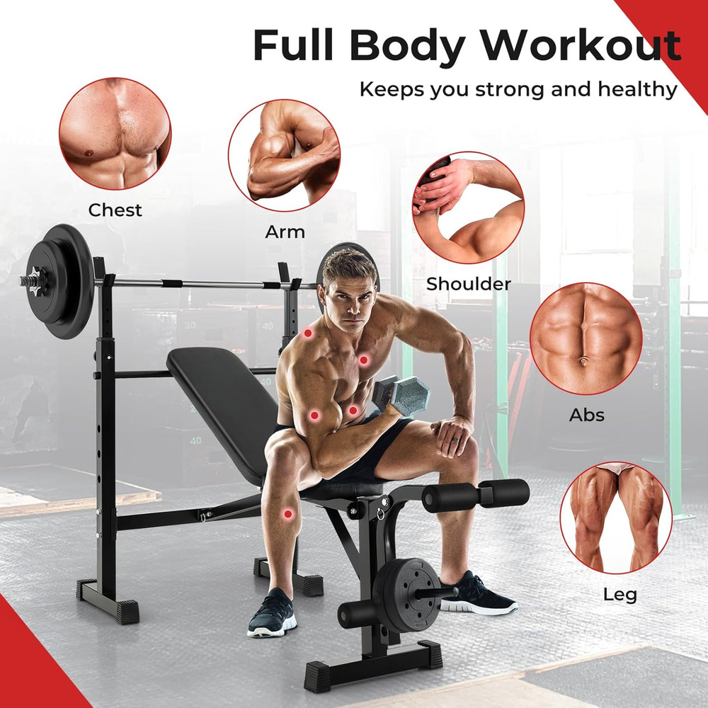 Adjustable Weight Bench, Foldable Weight Bench with Squat Racks, Leg Extension &