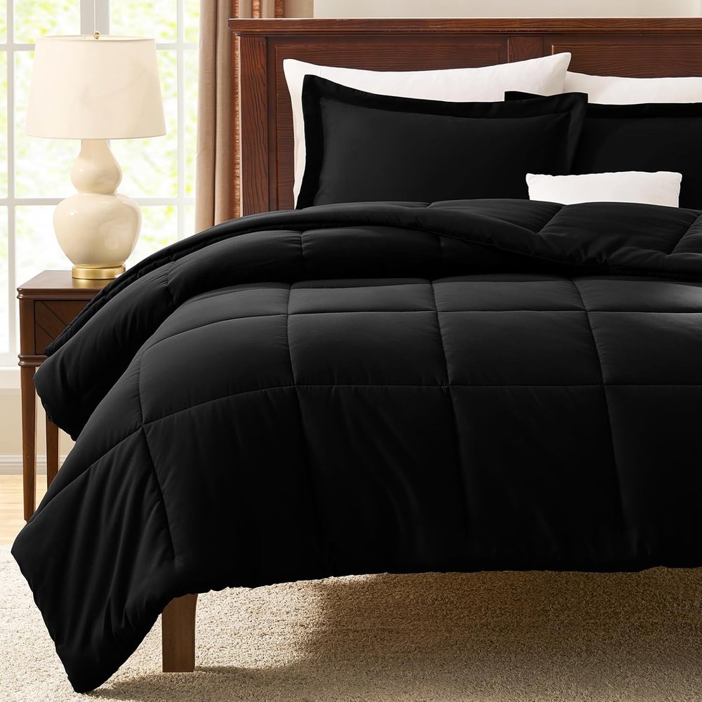 Queen Comforter Set Black 3 Pieces Box Stitched Comforters Queen Size Soft Bed