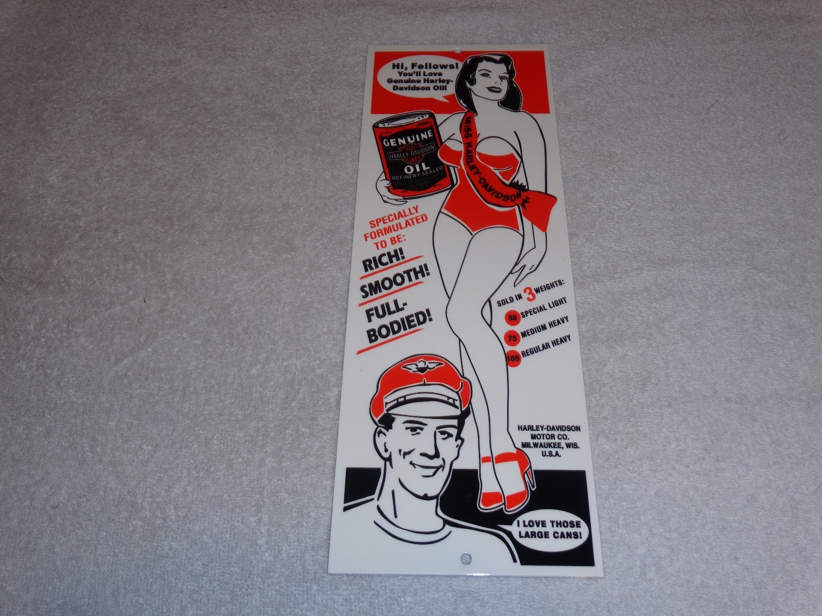 VINTAGE HARLEY DAVIDSON MOTORCYCLES WOMAN W/ LG OIL CANS 15" METAL GASOLINE SIGN