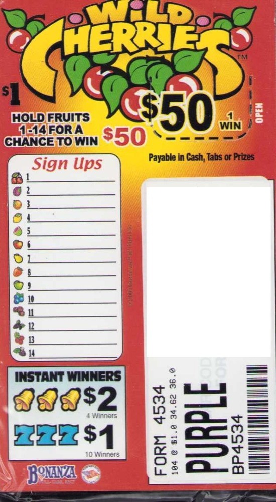 Pull Tab Ticket - Hard Card Tickets - Game - 6 Pack - Wild Cherries - 104 ct ea