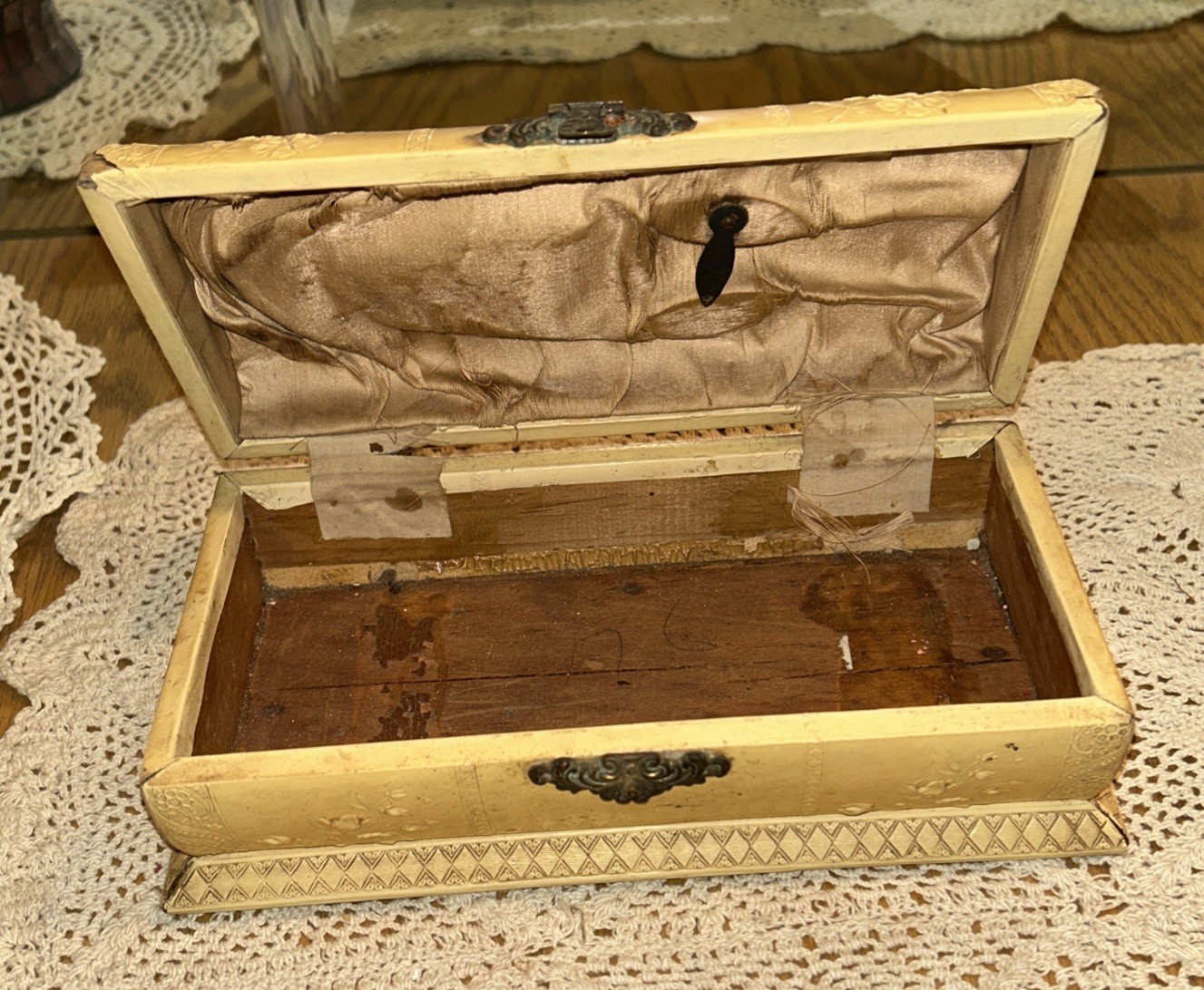 Antique Jewelry Box Engraved Angel Celluloid Wrapped Wood 9x 3.75 Oval Quite Old