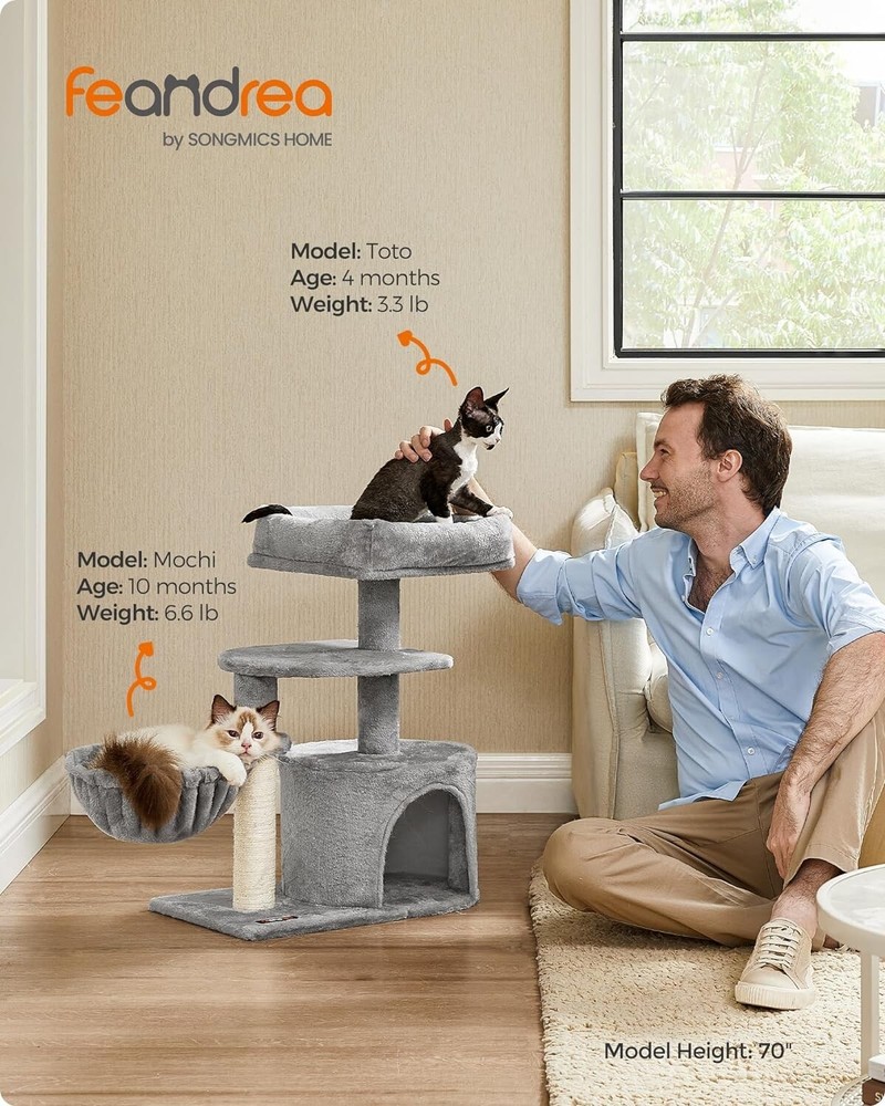 Small Cat Tree - Scratching Post - Basket - Cave - Light Gray - Compact Size