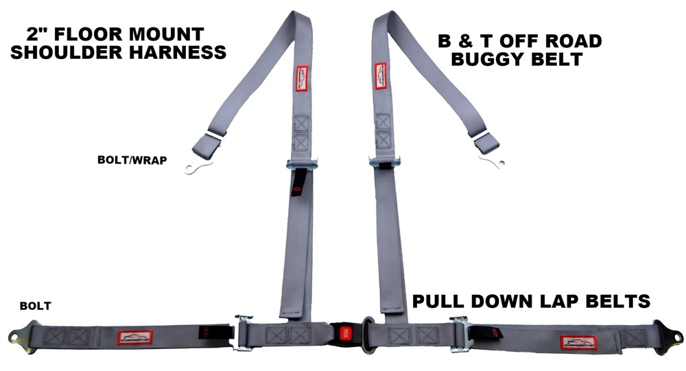 GRAY 4 POINT SEAT BELT 2" HARNESS PULL DOWN LAP BELTS FLOOR MOUNT PUSH BUTTON