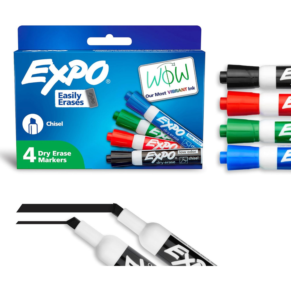 EXPO Dry Erase Markers Low Odor Chisel Tip Assorted Colors 4 Pack