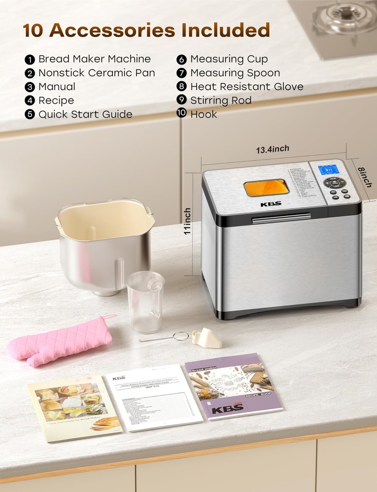 KBS 2LB 19-in-1 Programmable Bread Maker, Stainless Steel Bread Machine with