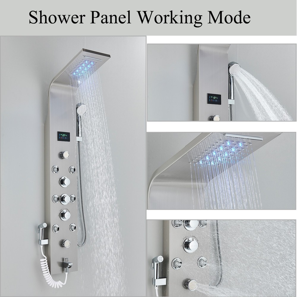 Brushed Nickel Shower Panel Tower System Rainfall Head Massage System Body Jet