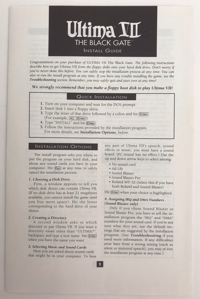 Ultima VII The Black Gate Install Guide and Player Reference Guide