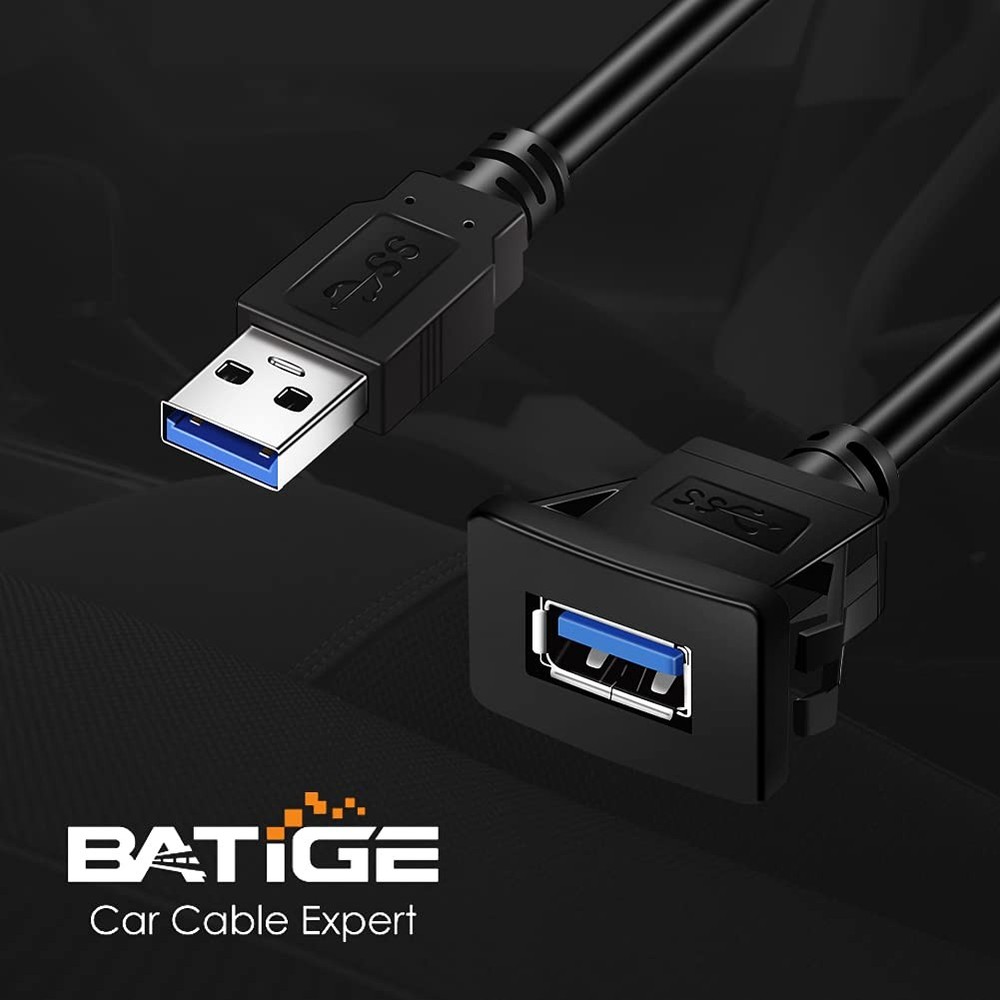 BATIGE Square Single Port USB 3.0 Panel Flush Mount Extension 1ft, Black