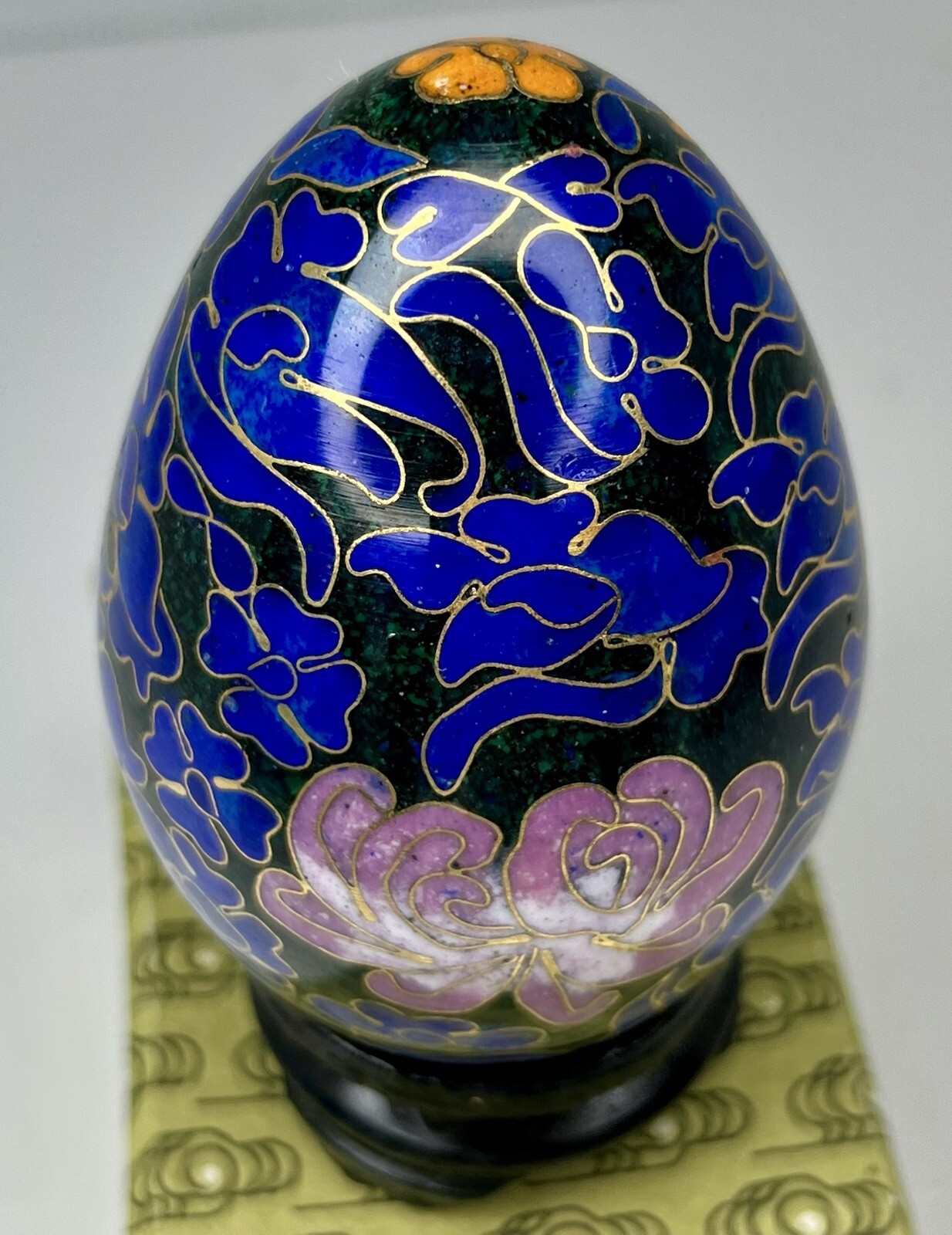Vintage Chinese Black Cloisonné Enamel Copper Egg Pink Flowers Wood Stand In Box