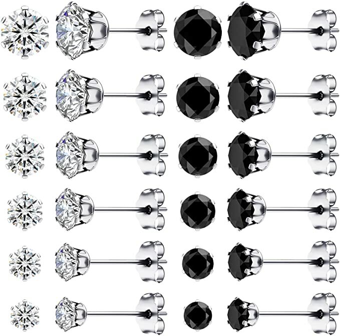 12 pairs of  3mm-8mm Stainless Steel Cubic Zirconia Men Women Ear Stud Earrings
