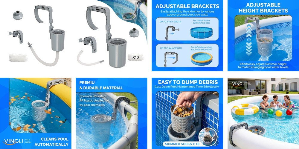 Adjustable Pool Skimmer Surface Skimmer for Above Ground Pool, Metal Frame Pool