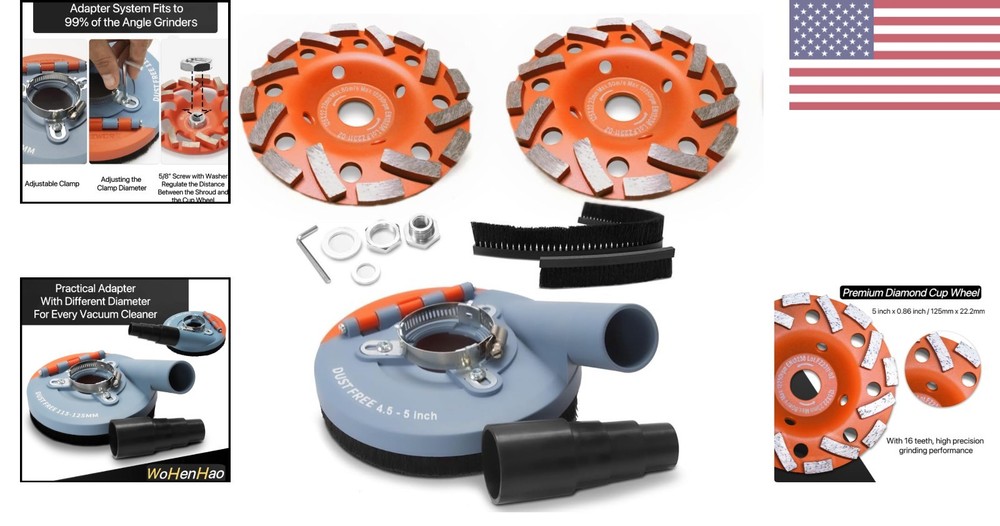 Professional Surface Grinding Shroud Kit with Diamond Wheels & Replacement Brush