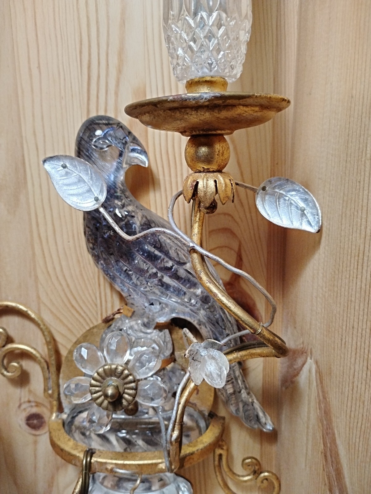 1 Antique Maison Bagues French Crystal Glass Parrot Bird Wall Sconce