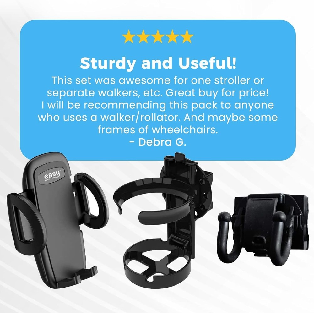 Mobility Combo Pack, Hook, Phone and Cup Holder for Walker, Portable Beverage...
