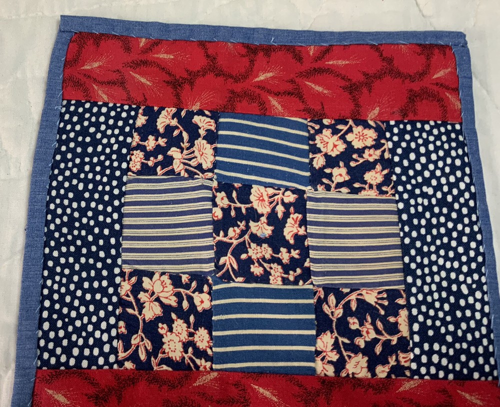 Vintage Patchwork Small Quilt Table Topper Or Doll Quilt, Nine Patch, Navy, Red