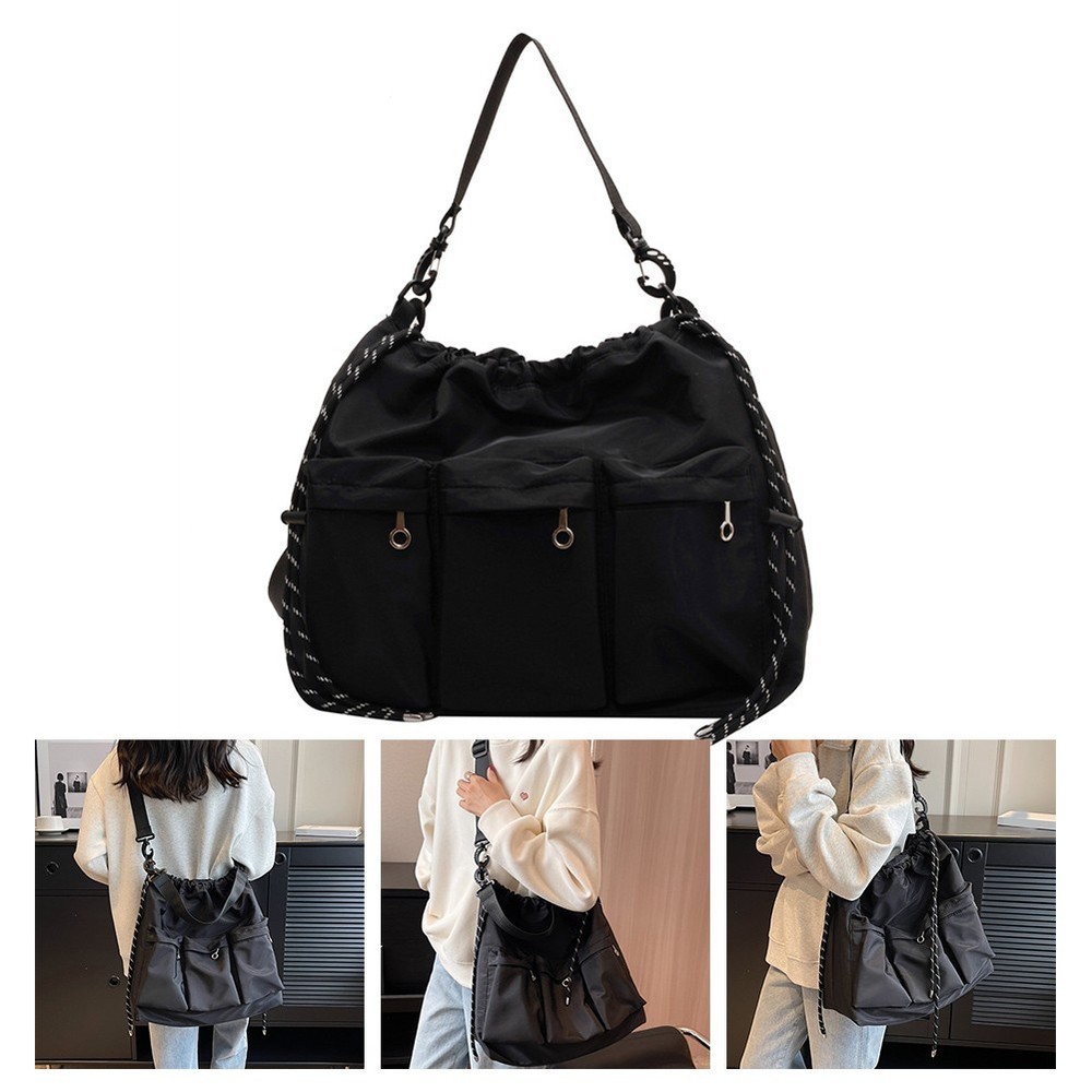Functional Nylon Shoulder Bucket Bag with Drawstring and 3 Small Pockets