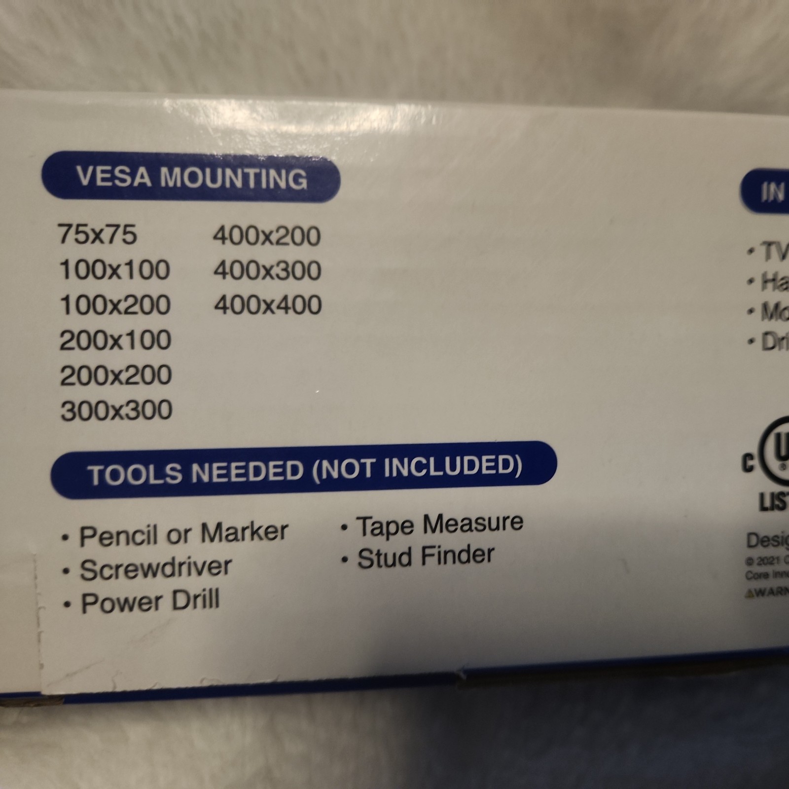 CORE INNOVATIONS LOW PROFILE TV MOUNT FITS 23 IN. TO 65 IN. TV"s wt. limit 77lbs