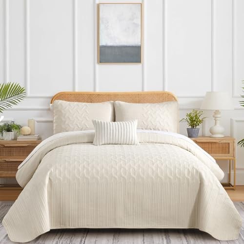 Beige Quilt Set King Size Lightweight Bedspread Ultrasonic Wave Pattern Soft