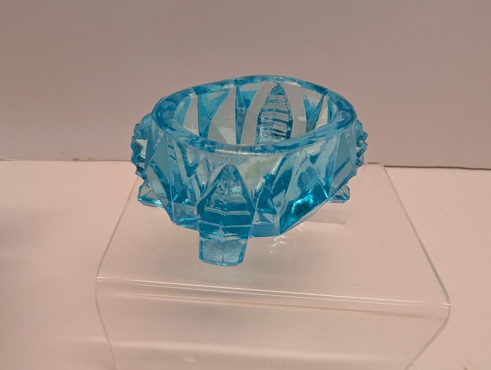 Antique Blue Pressed Glass Footed Open Salt Cellar Dip Diamond Pattern