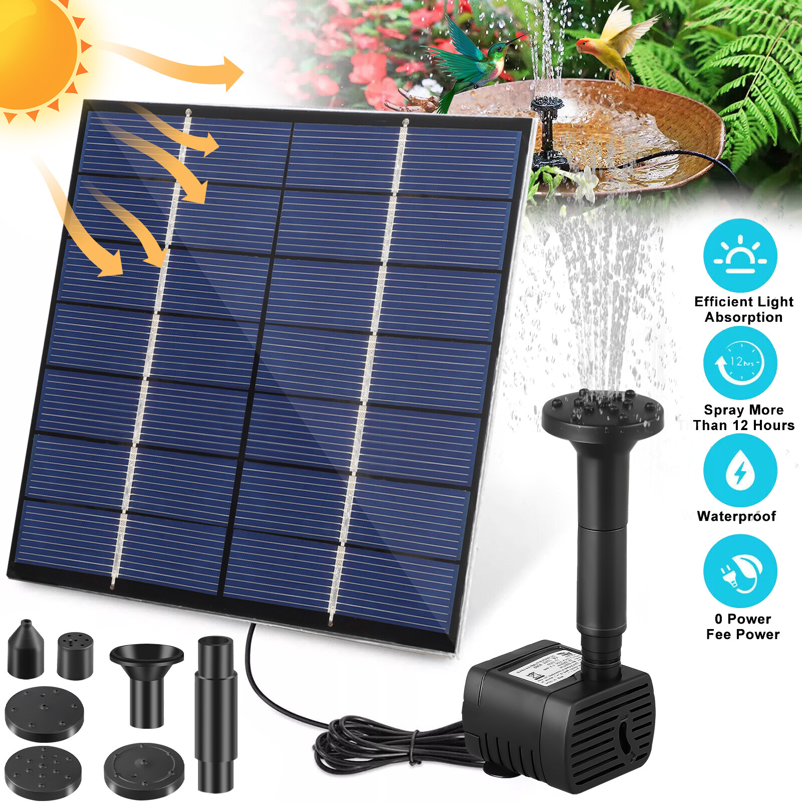 Solar Power Fountain Submersible Water Pump Floating Bird Bath Garden Pond Pool
