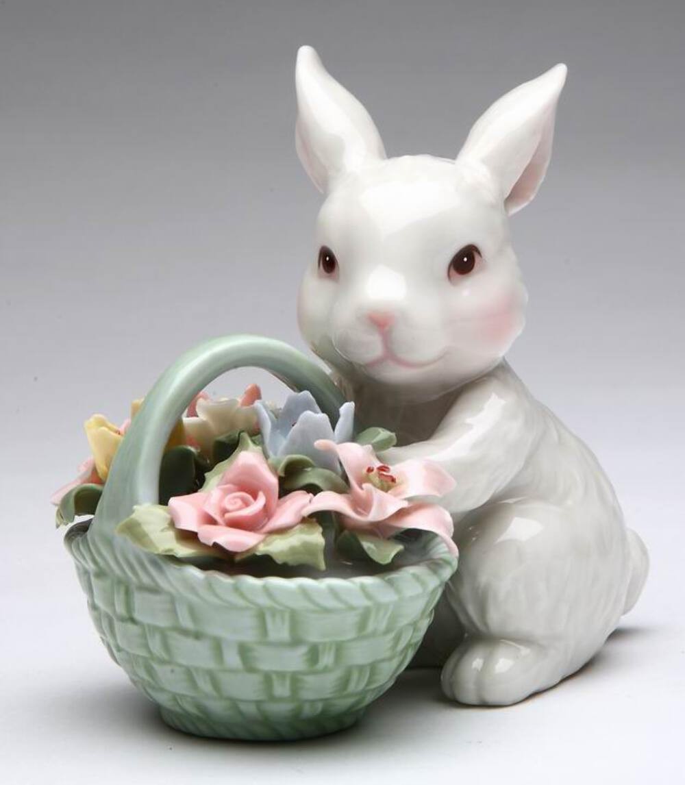 Ceramic Easter Bunny Rabbit With Flower Basket Figurine, Home Décor, Gift for He