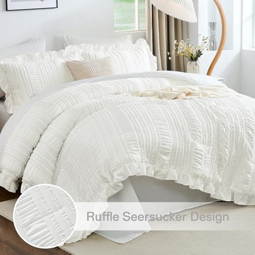 Comforter Set,7 Pieces Ruffle Comforter Set with Sheets,Textured King White