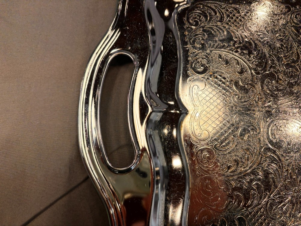 Vintage Silverplate Serving Tray with Handles – Unmarked