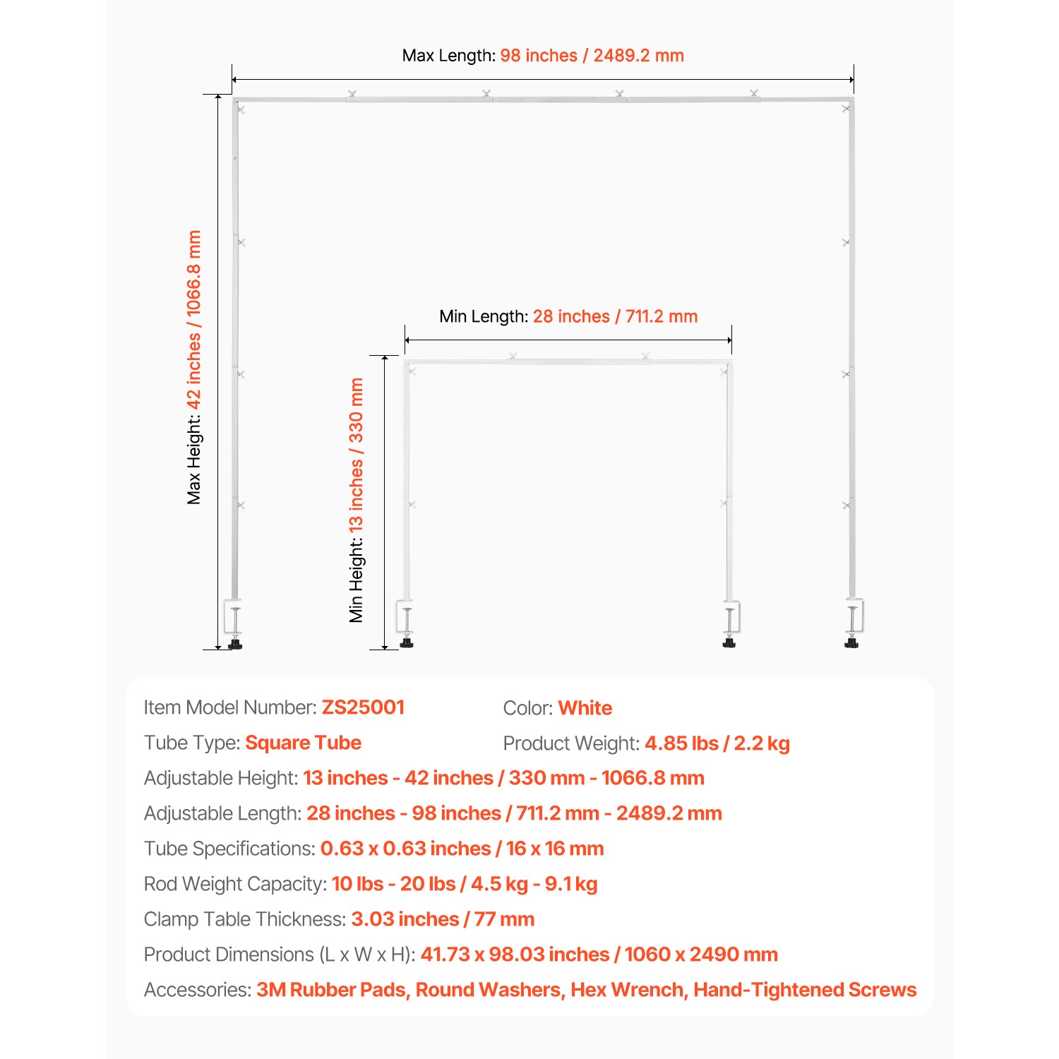 Over The Table Rod Stand with Clamps 28-98" Adjustable Metal Wedding Party Decor