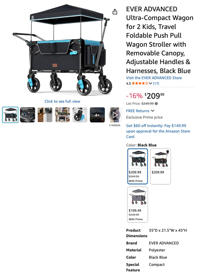 EVER ADVANCED Ultra-Compact Wagon Stroller for 2 Kids | Canopy | Push/Pull | OB