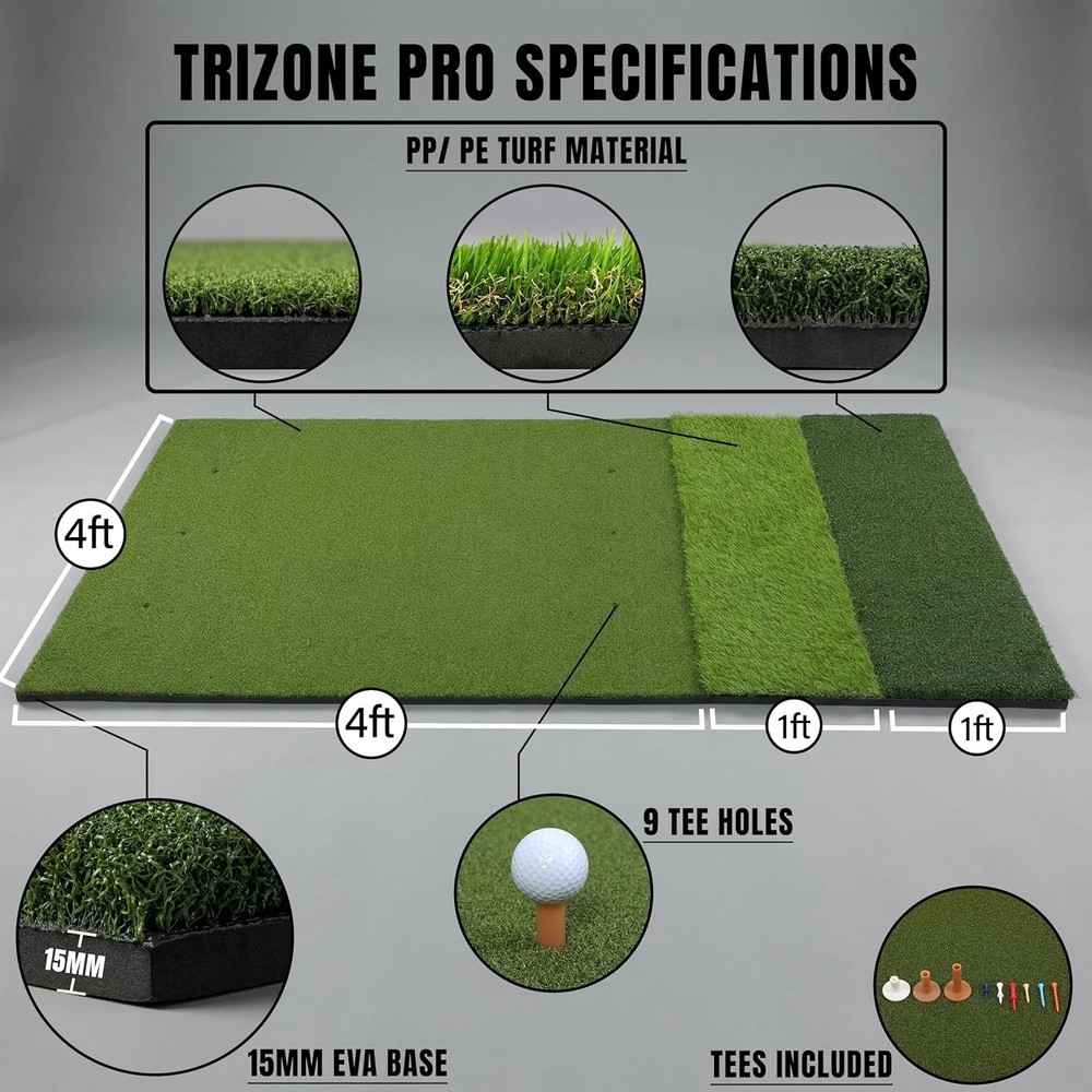 TriZone Pro - 6x4ft Golf Mat | Tri Turf Golf Hitting Mat | Golf Mats Practic...
