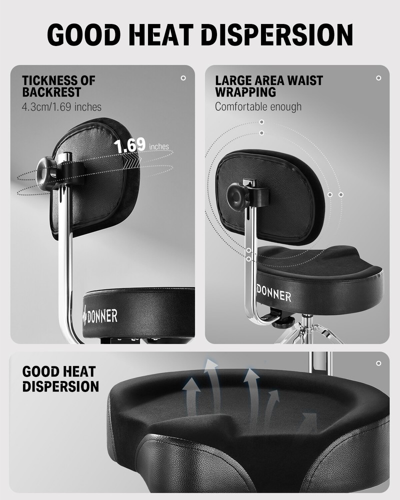 Donner DHT-250 Drum Throne With Backrest Motorcycle Style Stool Adjust Height