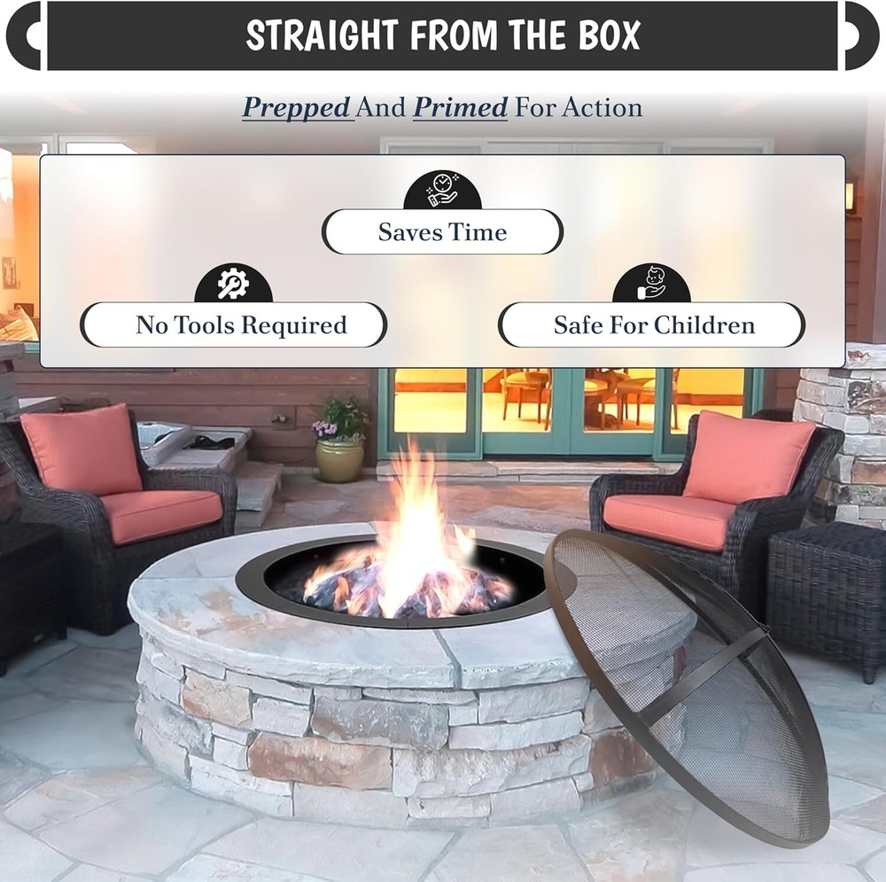 FEBTECH 36" Round Fire Pit Spark Screen Lid with Hook for Outdoor Fire Pits