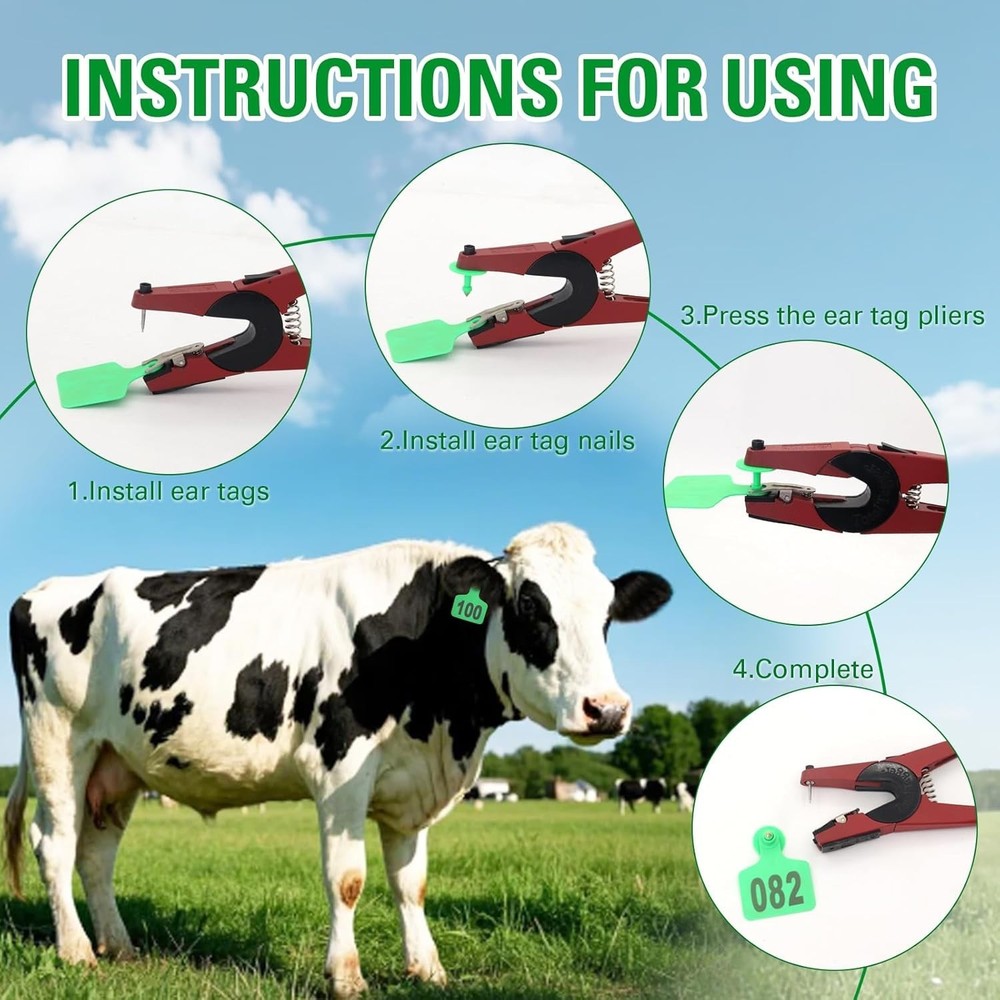 Livestock Ear Tagging System - 100 Plastic Numbered Tags & Applicator for Cattle