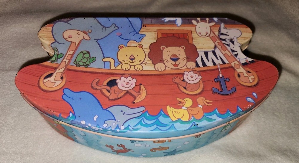 Noahs Ark Tin Canister Printed Animals. Art on inside and outside
