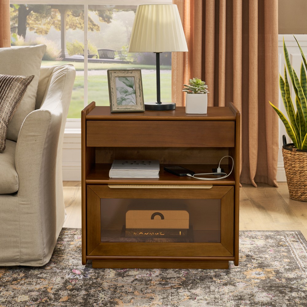 Bedside Table with Charging Station 2 Glass Drawers Features Open Shelving