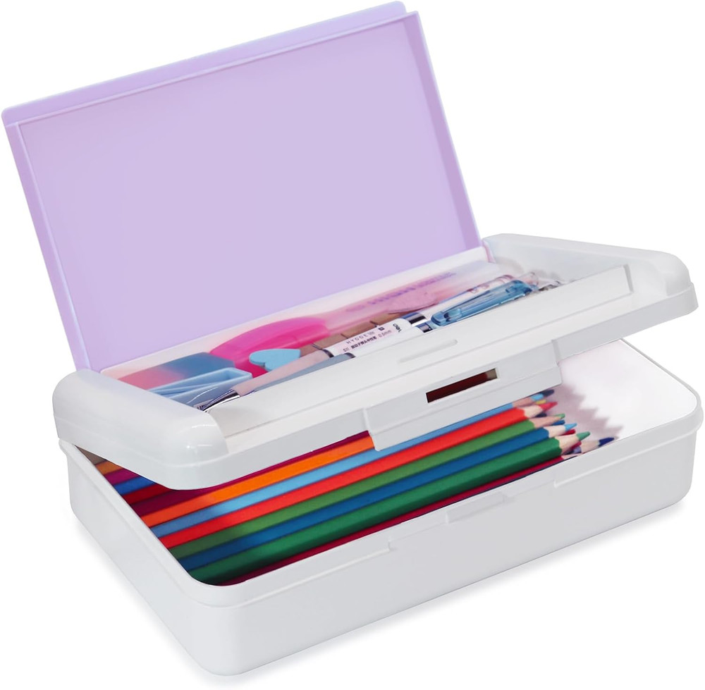 Double Layer Pencil Box, Hard Pencil case 2 Compartments, Plastic Large Capacity